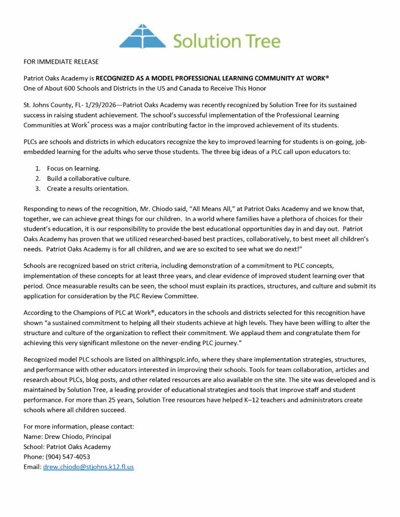POA- Model PLC @ Work! Press Release. To open the press release in a readable format at https://www-poa.stjohns.k12.fl.us/wp-content/uploads/2026/01/Model-PLC-at-Work-POA-Press-Release.docx